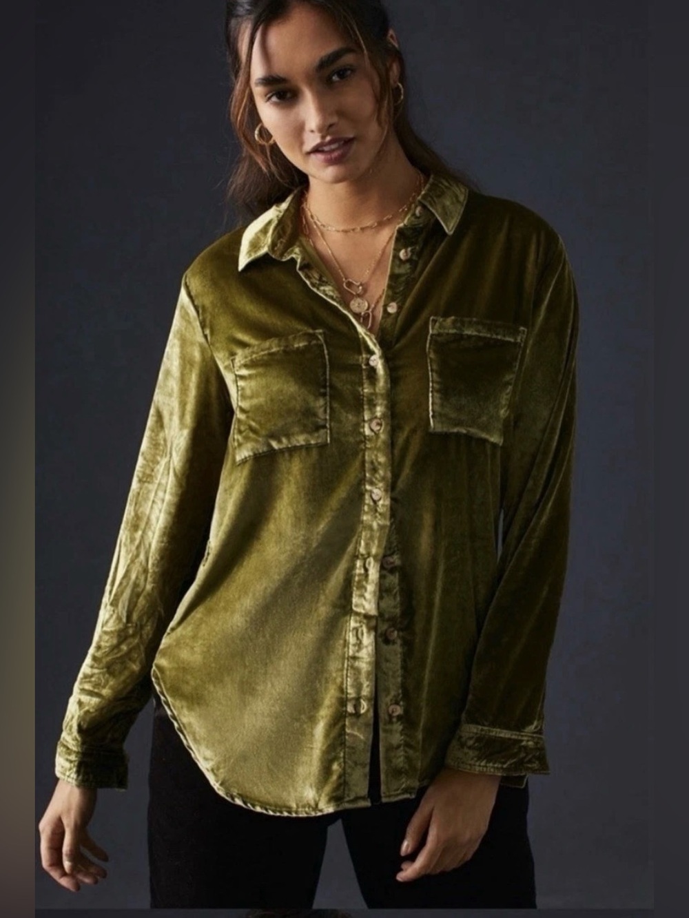 PILCRO XS Christmas Thanksgiving Holiday Shiny Moss Green Velvet Button Tunic